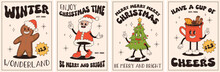 Groovy Retro Christmas Posters. Santa Claus, Christmas Tree, Ball, Hot Cocoa, Present In Trendy Vintage Cartoon Style. Retro Characters In 50s, 60s, 70s Animation Style