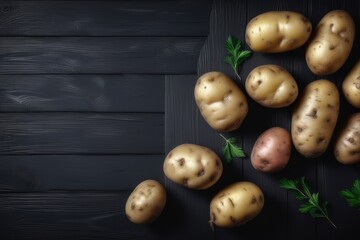 Wall Mural - Potatoes on black wooden background. Top view with copy space