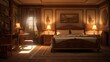 a stylized 3D rendering of a traditional bedroom with ornate wooden furniture and warm lighting.