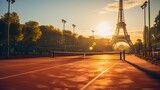 Fototapeta  - Tennis court nearby with a view of the tower in Paris. Olympic Games 2024 in Paris