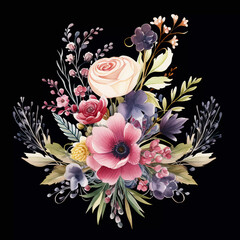 Wall Mural - Watercolor Crest with Wildflowers on the dark Background. Wedding Design