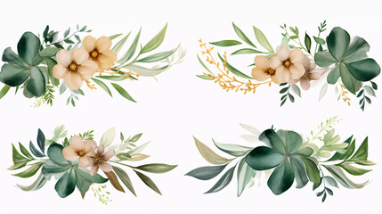 Wall Mural - Watercolor floral tropical set. Frame, bouquets, border. Flower and green gold leaf branches bouquets collection, for wedding stationary, greetings, wallpapers, fashion, background