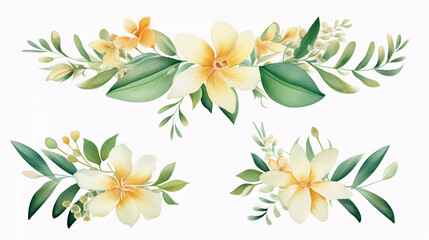 Wall Mural - Watercolor floral tropical set. Frame, bouquets, border. Flower and green gold leaf branches bouquets collection, for wedding stationary, greetings, wallpapers, fashion, background