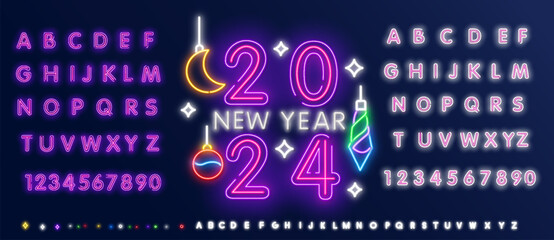 Wall Mural - 2024 New Year numbers with electrifying style. Stunning blue lightning strikes through 2024 on black background. Vector illustration