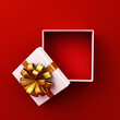 canvas print picture - Top view of white red present box tied with golden ribbon bow or blank gold ribbon bow gift box open isolated on dark red background with shadow minimal conceptual 3D rendering