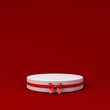 Blank white round gift product podium display pedestal stand with red ribbon bow isolated on dark red background minimal conceptual 3D rendering