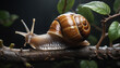 Sluggish snail crawling on a green surface, generative AI