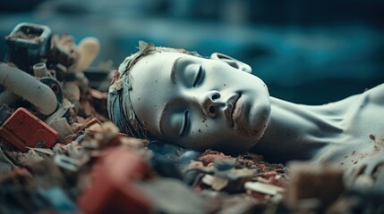 Sticker - A statue of a woman laying on top of garbage, AI