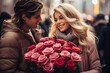 Happy and smiling woman receiving flowers from her partner on St Valentine. Generative AI