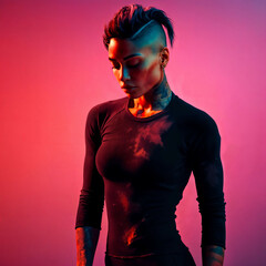 Wall Mural - photo of woman as a leader gang member with undercut side fade hairstyle pain feeling and wound on gradient pink and purple backdrop, generative AI