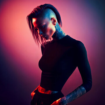 photo of woman as a leader gang member with undercut side fade hairstyle pain feeling and wound on gradient pink and purple backdrop, generative AI
