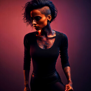 photo of woman as a leader gang member with undercut side fade hairstyle pain feeling and wound on gradient pink and purple backdrop, generative AI