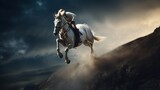 Fototapeta  - An expert horseman's unmatched riding skills take the spotlight as he and his horse execute gravity-defying stunts.