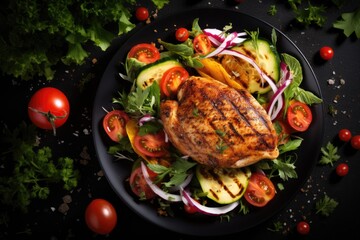 Wall Mural - Grilled chicken breast fillet and fresh vegetable salad in dark plate on black background