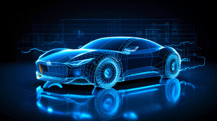 Frontside Futuristic AR car wireframe concept, generative ai, Augmented reality wireframe of car concept with blue background