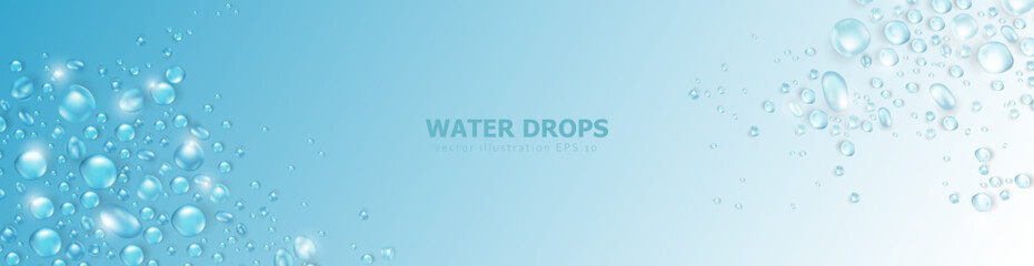 soft blue billboard with realistic 3d pure water drops or condensation on surface. panoramic banner 