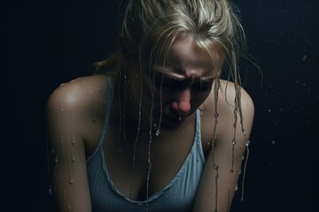 Wall Mural - Depressed woman crying with head up on hands on dark background