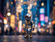 In an enchantingly whimsical tilt-shift photograph, a peculiar time traveler emerges, clad in futuristic attire, evoking a sense of otherworldly familiarity.