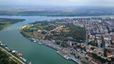 Fototapeta Sawanna - Daytime aerial shot in Belgrade, Serbia. Sava River and general city view