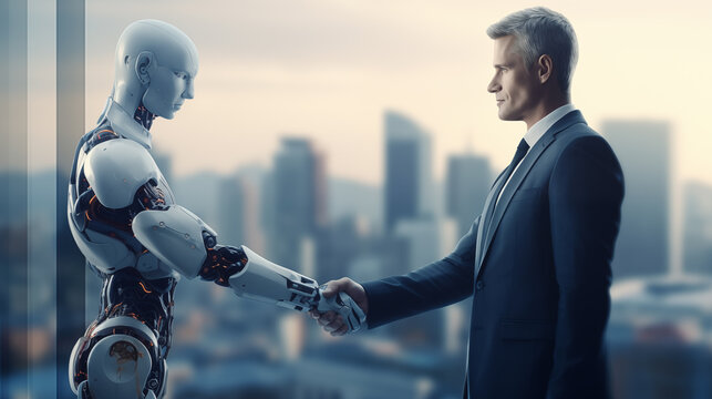 Businessman shaking hands with a robot artificial intelligence Partners of teamwork