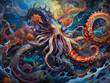 In an otherworldly realm, an alluring kraken emerges from the depths of a vivid gouache painting. Its tentacles, adorned with swirling patterns of vibrant hues