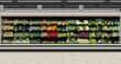 Vegetables in open open refrigerator at supermarket. Mockup and illustration is suitable for presenting new promotion designs, interior designers and architects.