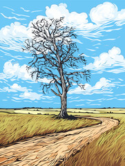 Wall Mural - A Tree In A Field - Windswept tree in a field against an cloudy sky