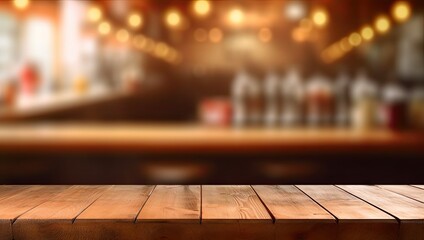 Wall Mural - Blurred empty wooden table in modern cafe perfect background for stylish lifestyle shot. Counter with bokeh lights ideal for showcasing trendy bar or restaurant