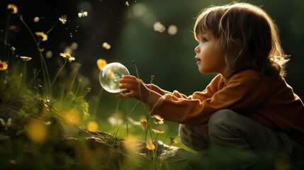 Wall Mural - A young girl is sitting in the grass with a bubble, AI