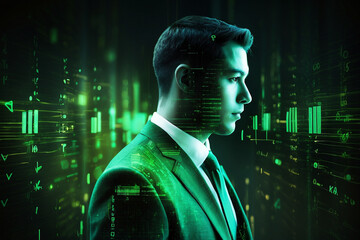 Double exposure of binary data digits, alphabet and business man, Abstract technology background.