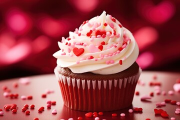 Valentine cupcake with heart-shaped sprinkles on red background