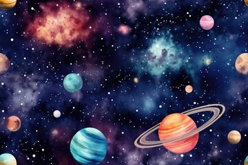 Wall Mural - seamless pattern of watercolor outer cosmos space with different planet