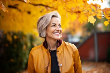 Wall Mural - Portrait of a happy woman in her 50s wearing a trendy bomber jacket against a background of autumn leaves. AI Generation