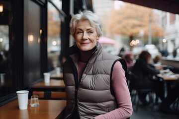 Wall Mural - Portrait of a content woman in her 50s dressed in a thermal insulation vest against a bustling city cafe. AI Generation
