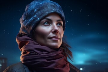 Wall Mural - Portrait of a glad woman in her 40s wearing a protective neck gaiter against a backdrop of starlit galaxies. AI Generation