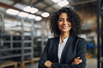 Portrait of a happy woman in her 30s dressed in a stylish blazer against a bustling factory floor. AI Generation