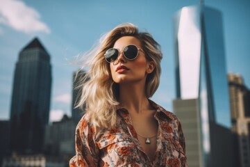 Wall Mural - Portrait of a content woman in her 30s wearing a trendy sunglasses against a stunning skyscraper skyline. AI Generation