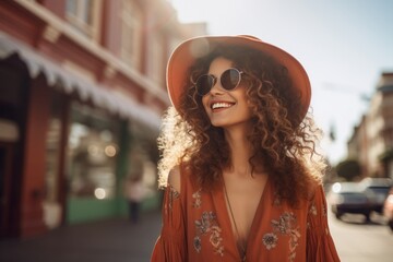 Wall Mural - Portrait of a joyful woman in her 20s wearing a trendy sunglasses against a charming small town main street. AI Generation