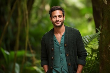 Sticker - Portrait of a grinning man in his 30s wearing a chic cardigan against a lush tropical rainforest. AI Generation
