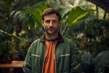 Wall Mural - Portrait of a satisfied man in his 40s sporting a stylish varsity jacket against a lush tropical rainforest. AI Generation