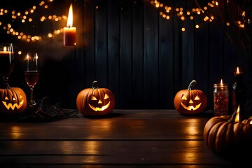 Wall Mural - Realistic Polished Halloween background with pumpkins and a haunted house standing tall under a moonlit sky