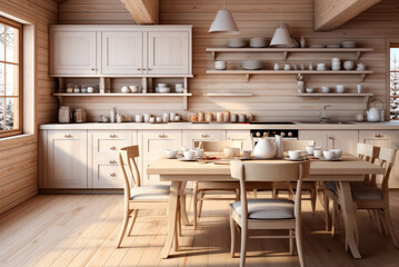 Cozy interior of the kitchen with a large wooden table in a minimalist modern Scandinavian style