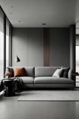 Aufkleber - Minimalistic grey sofa in a cozy bright living room. Beautiful interior in the house, furniture, apartment design concepts.
