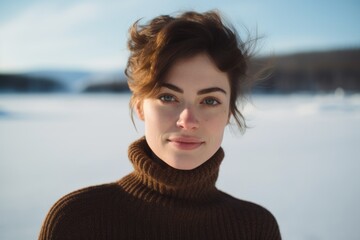 Wall Mural - Portrait of a glad woman in her 30s wearing a classic turtleneck sweater against a backdrop of a frozen winter lake. AI Generation