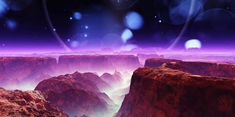 Wall Mural - alien landscape, fantastic mountains on an alien surface, star rising in the fog of an alien landsca