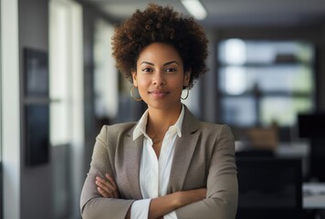 thoughtful business woman standing with crossed arms. smiling black woman working in an office. gene