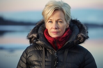 Wall Mural - Portrait of a content woman in her 50s sporting a quilted insulated jacket against a backdrop of a frozen winter lake. AI Generation