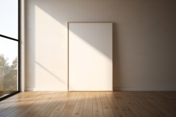 Poster - Generative AI : Poster picture frame mockup on wooden tiles floor with aesthetic shadow