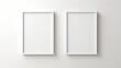 Generative AI : Two mockup vertical rectangle painting frames hanging on white wall background at the room corner with copy space.