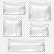 Clear plastic zip slider bag vector mock-up set. Transparent glossy zipper PVC vinyl pouch package mockup kit